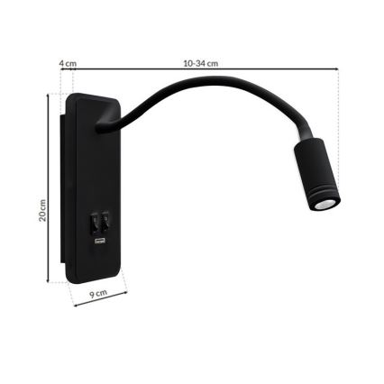 LED Flexibel wall liten lampa med USB BASE 1xLED/8W+1xLED/2W/230V svart