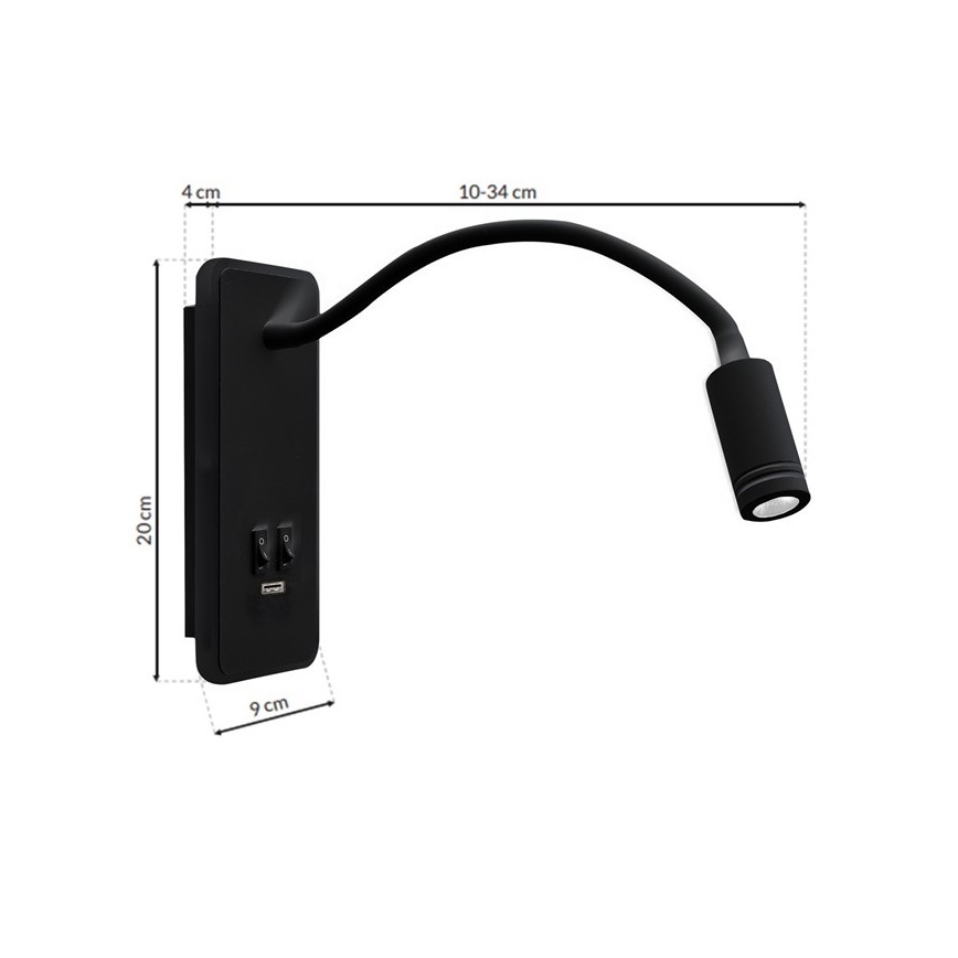 LED Flexibel wall liten lampa med USB BASE 1xLED/8W+1xLED/2W/230V svart