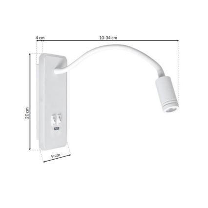 LED Flexibel wall liten lampa med USB BASE 1xLED/8W+1xLED/2W/230V vit