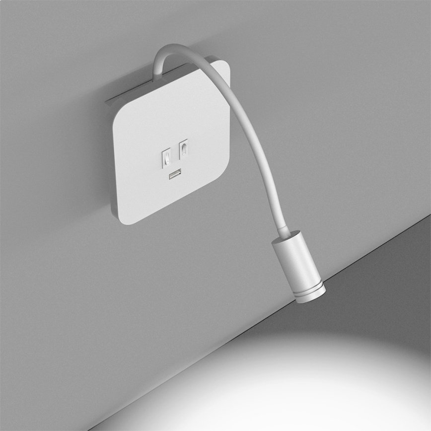 LED Flexibel wall liten lampa med USB BASE 1xLED/8W + 1xLED/2W/230V vit