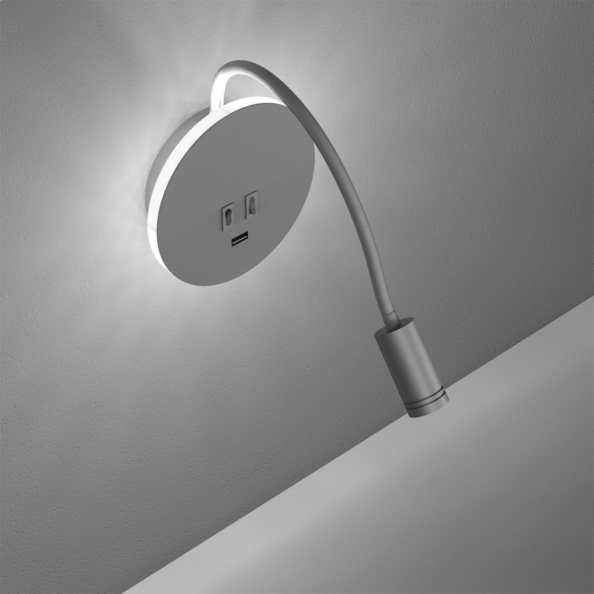 LED Flexibel wall liten lampa med USB BASE 1xLED/8W+1xLED/2W/230V vit/silver