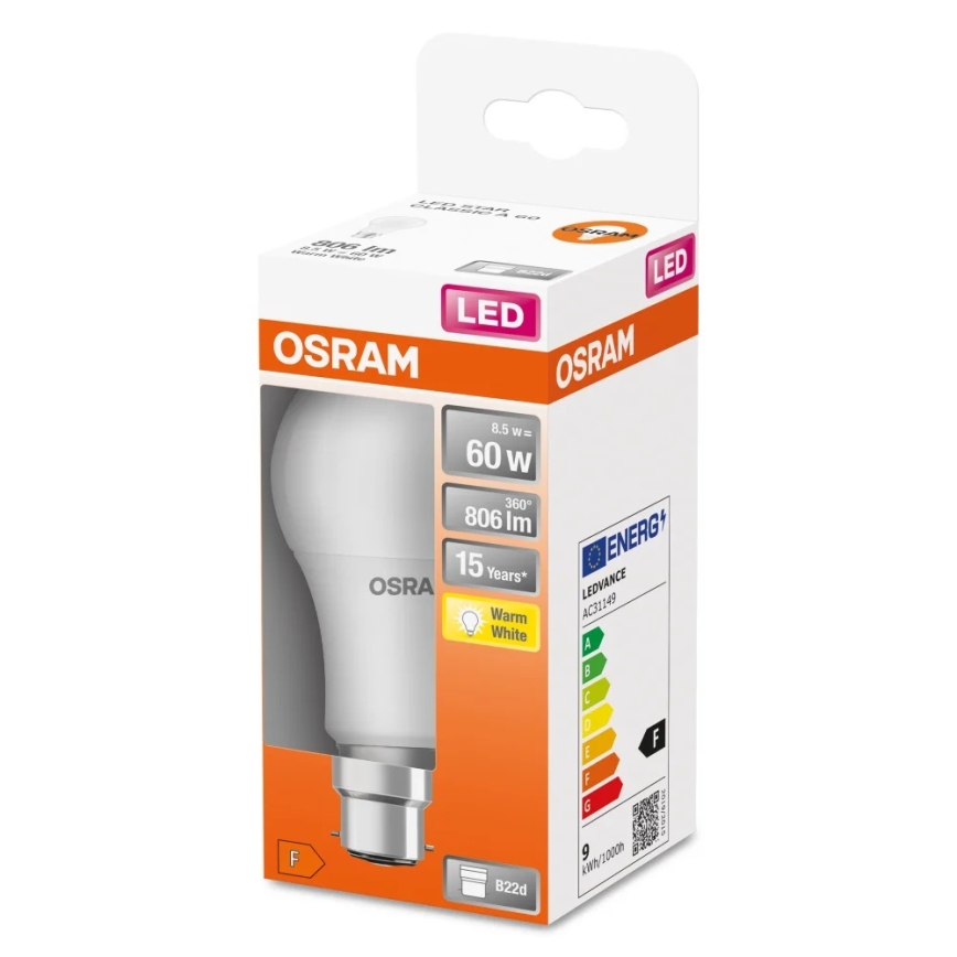 LED glödlampa A60 B22d/8,5W/230V 2700K - Osram