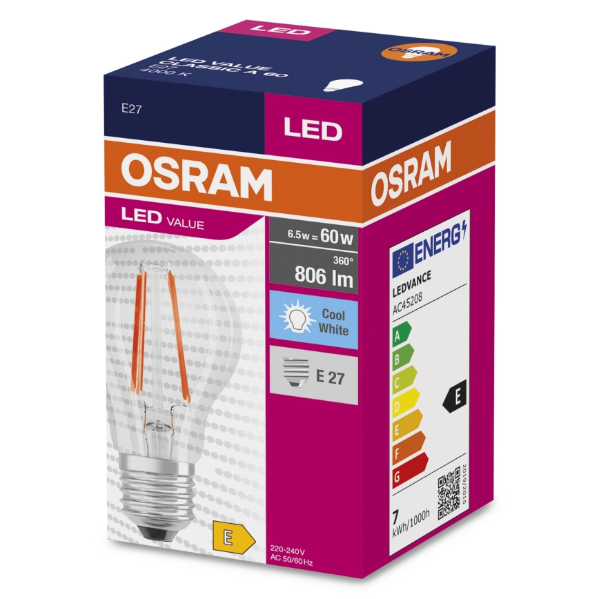 LED glödlampa FILAMENT A60 E27/6,5W/230V 4000K - Osram
