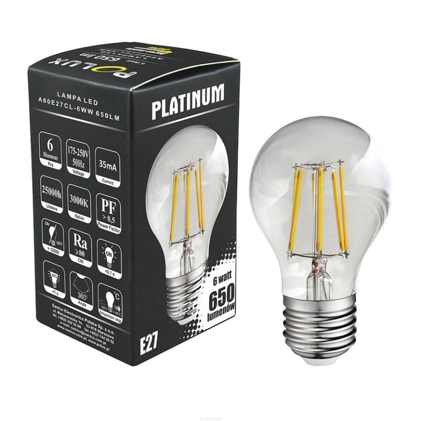 LED glödlampa FILAMENT A60 E27/6W/230V 3000K