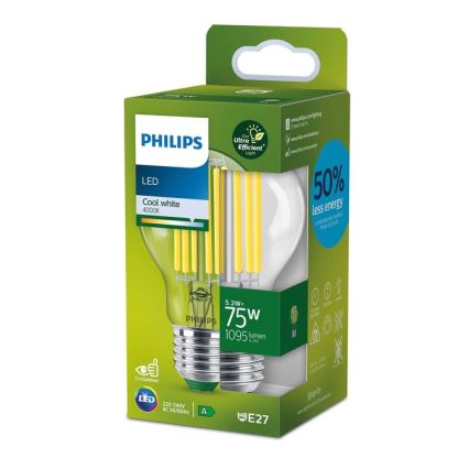 LED glödlampa FILAMENT Philips A70 E27/5,2W/230V 4000K