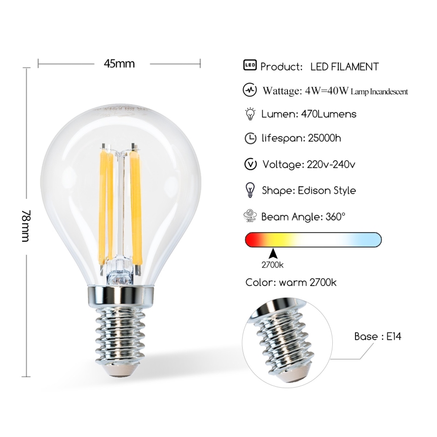 LED glödlampa G45 E14/4W/230V 2700K - Aigostar