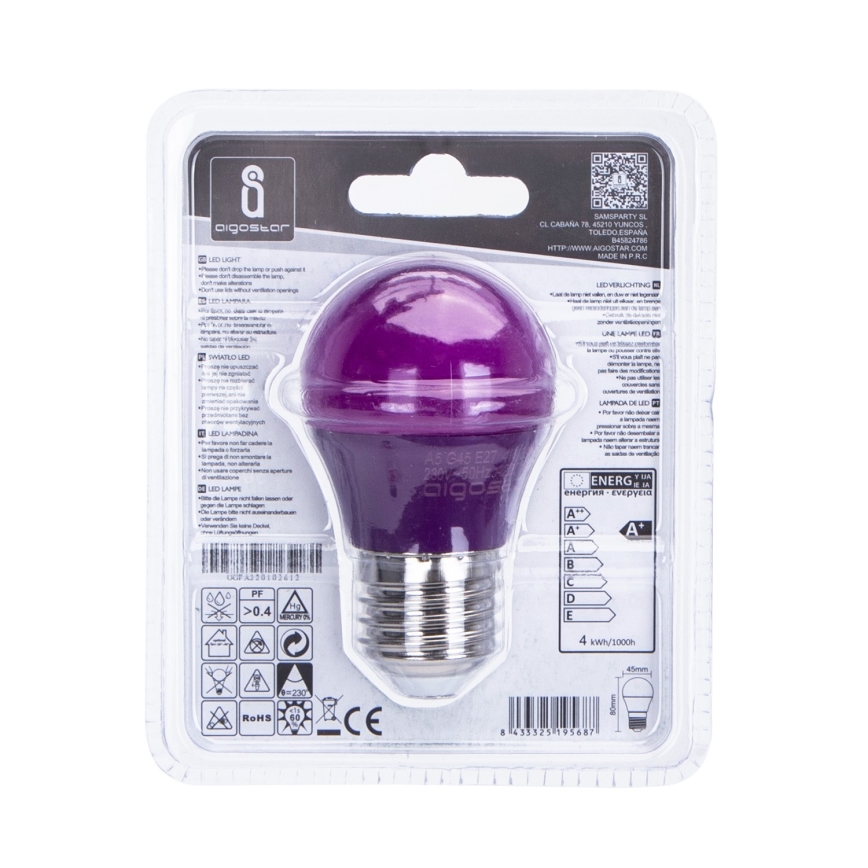LED Glödlampa G45 E27/4W/230V lila- Aigostar