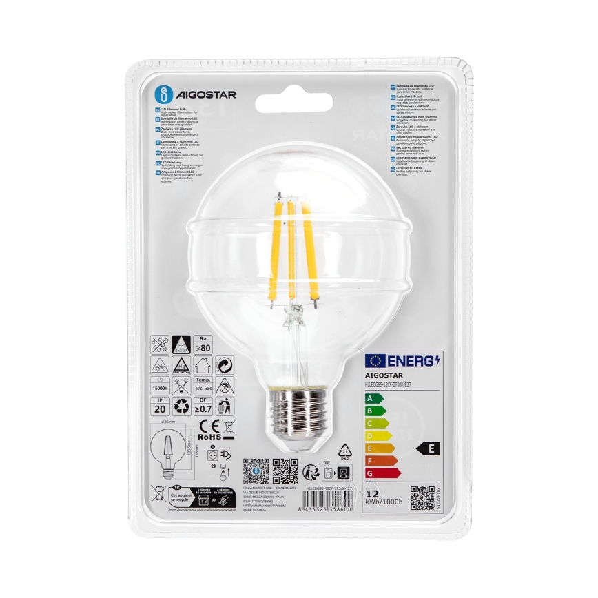 LED glödlampa G95 E27/12W/230V 2700K - Aigostar