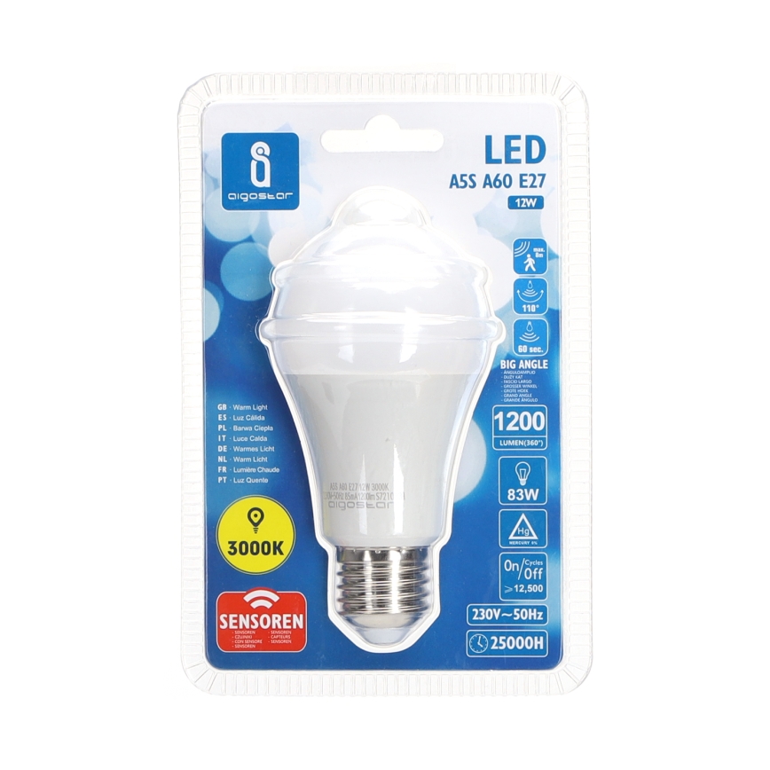 LED glödlampa med en rörelse- och skymningssensor A60 E27/12W/230V 3000K - Aigostar
