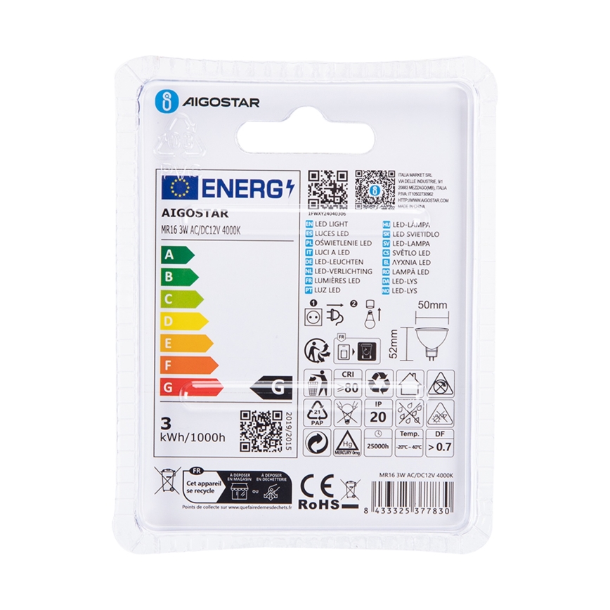 LED glödlampa MR16 GU5,3/3W/12V 4000K - Aigostar