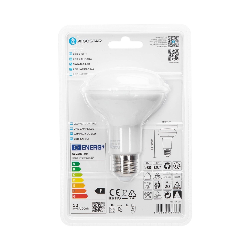 LED glödlampa R80 E27/12W/230V 3000K - Aigostar