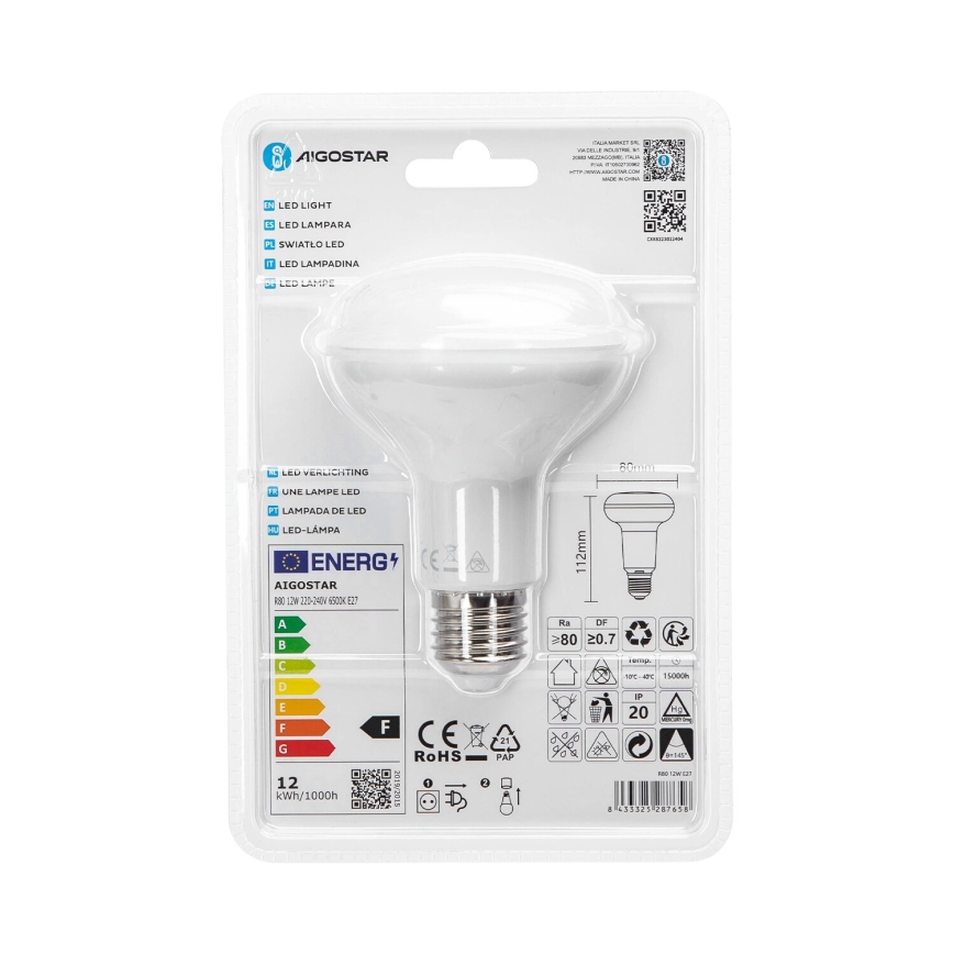 LED glödlampa R80 E27/12W/230V 6500K - Aigostar