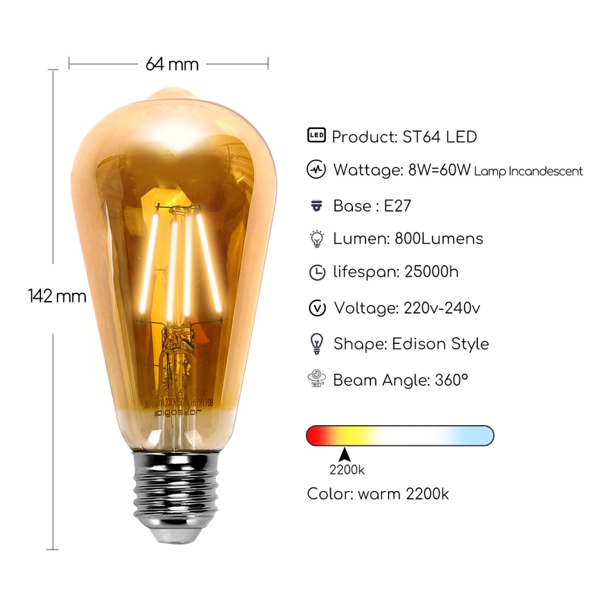 LED glödlampa ST64 E27/8W/230V 2200K - Aigostar