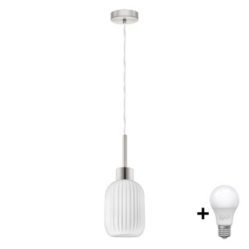 LED-hänglampa HARMA 1xE27/60W/230V, diameter 14 cm, matt krom/vit