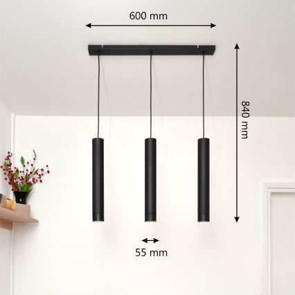 LED Ljuskrona med upphängningsrem TUBA 3xGU10/4,8W/230V svart