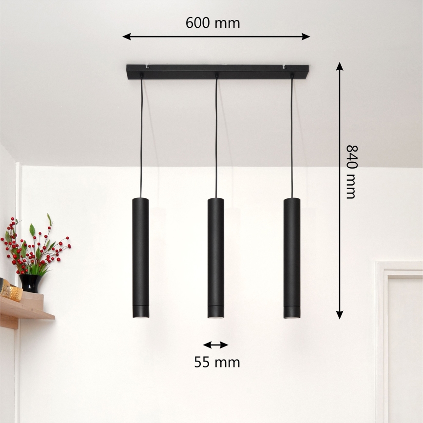 LED Ljuskrona med upphängningsrem TUBA 3xGU10/4,8W/230V svart