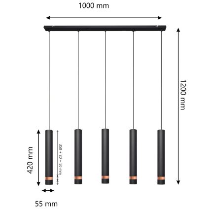 LED Ljuskrona med upphängningsrem TUBA 5xGU10/6,5W/230V svart/koppar