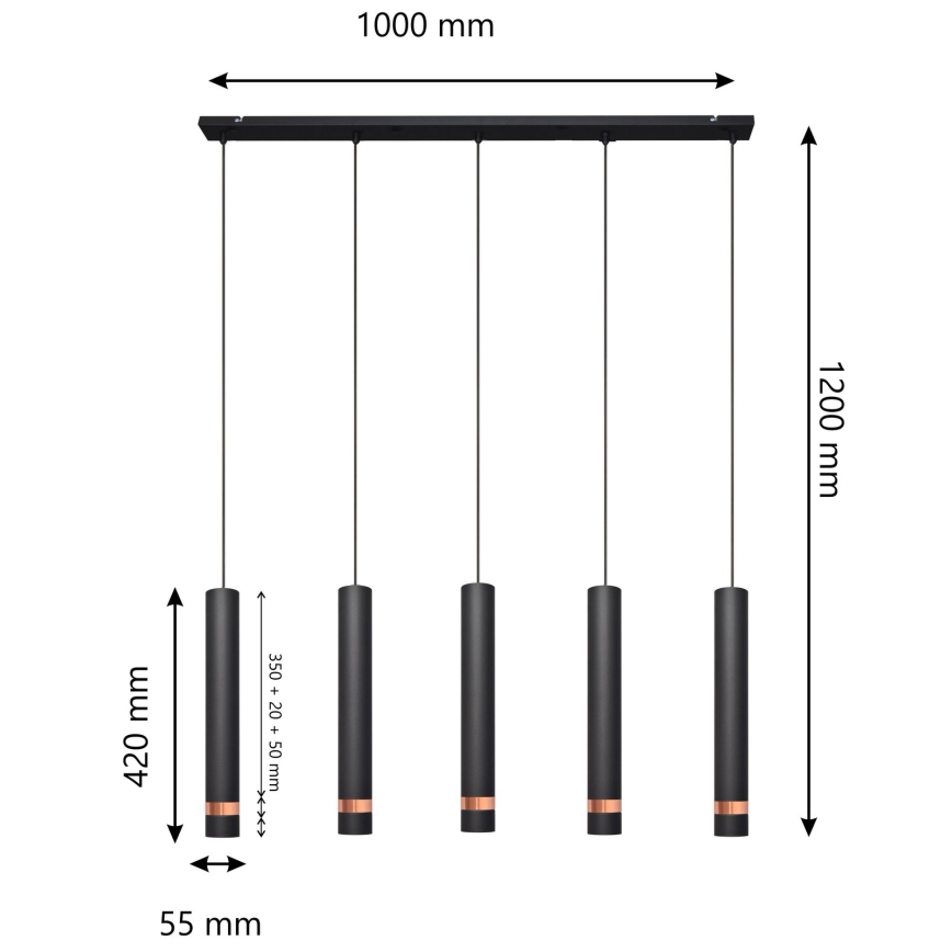 LED Ljuskrona med upphängningsrem TUBA 5xGU10/6,5W/230V svart/koppar