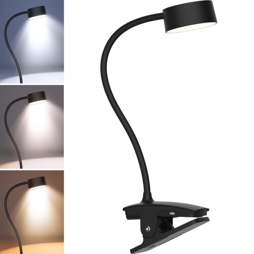 LED Ljusreglerad flexibel uppladdningsbar bordslampa med klämma LED/2W/1800 mAh 3000/4000/6500K svart