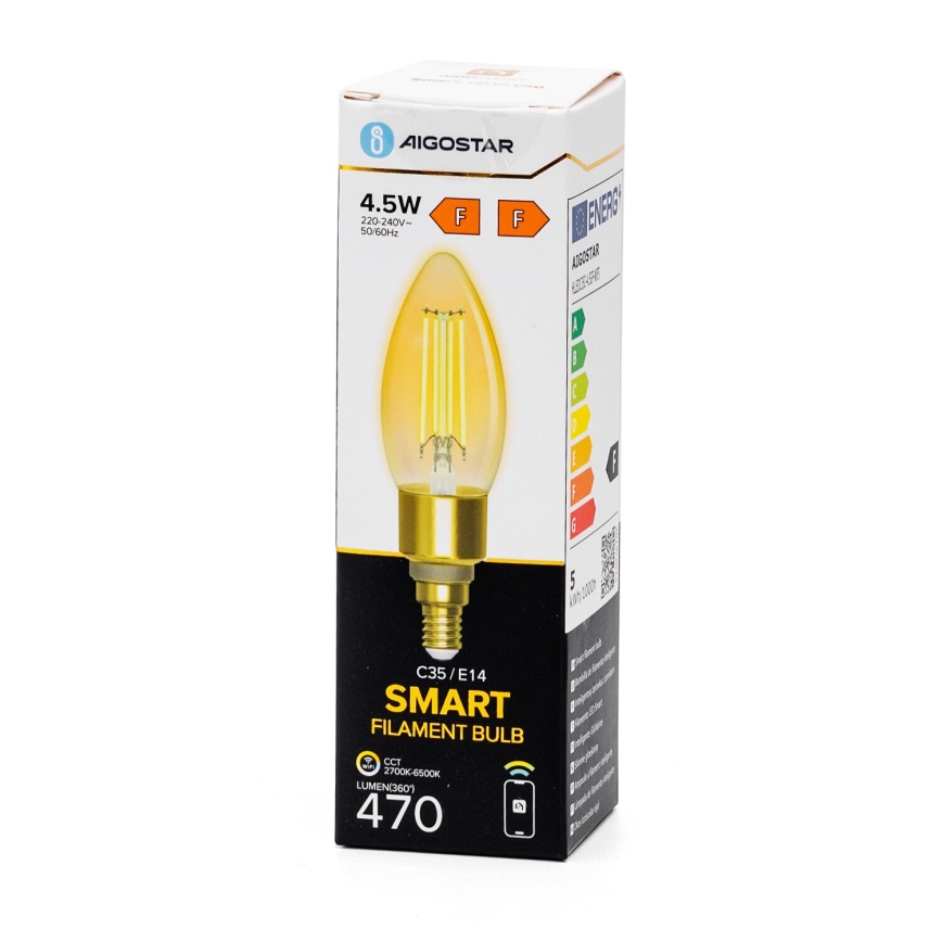 LED Ljusreglerad glödlampa FILAMENT C35 E14/4,5W/230V 2700-6500K Wi-Fi - Aigostar