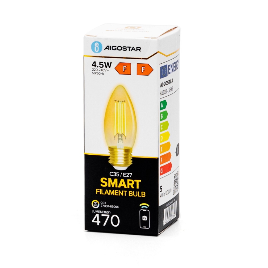 LED Ljusreglerad glödlampa FILAMENT C35 E27/4,5W/230V 2700-6500K Wi-Fi - Aigostar