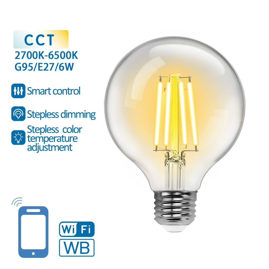 LED Ljusreglerad glödlampa FILAMENT G95 E27/6W/230V 2700-6500K Wi-Fi - Aigostar