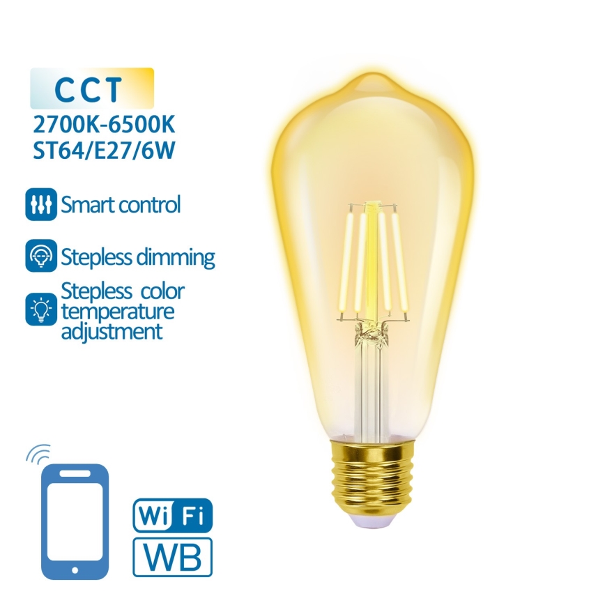 LED Ljusreglerad glödlampa FILAMENT ST64 E27/6W/230V 2700-6500K Wi-Fi - Aigostar
