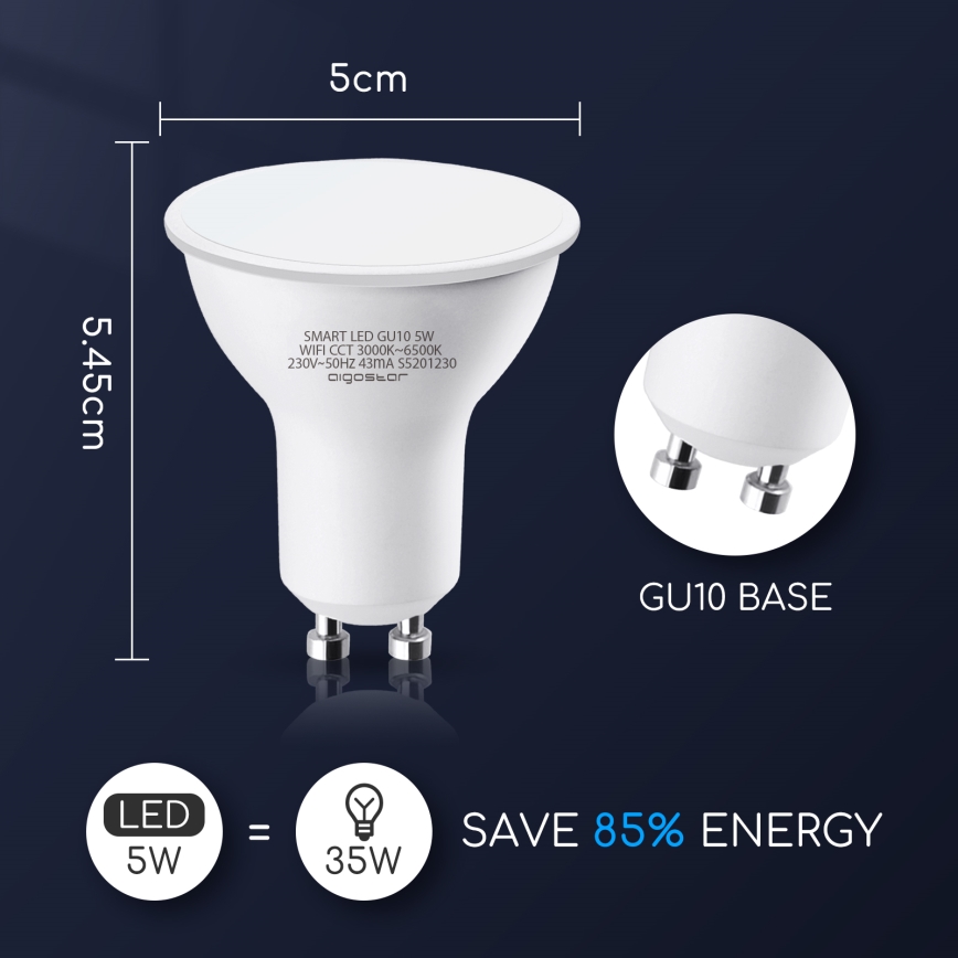 LED Ljusreglerad glödlampa GU10/5W/230V 3000-6500K Wi-Fi - Aigostar