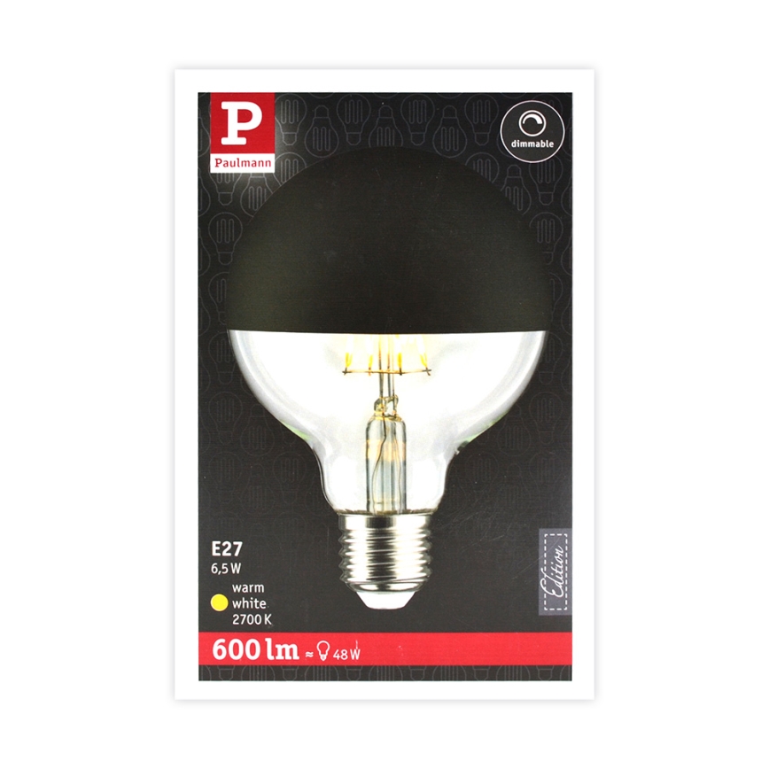 LED Ljusreglerad glödlampa med en mirror spherical cap GLOBE G95 E27/6,5W/230V 2700K svart - Paulmann 28676