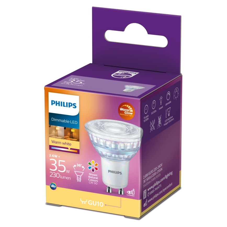 LED Ljusreglerad glödlampa Philips Warm Glow GU10/2,6W/230V 2200-2700K CRI 90