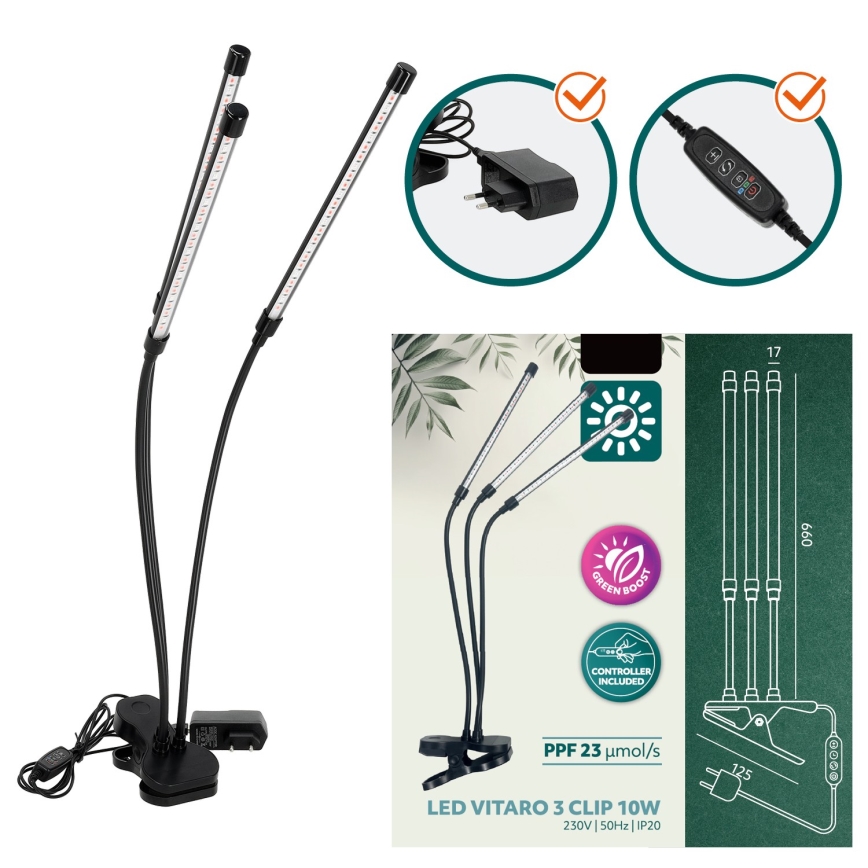 LED Ljusreglerad flexibel bordslampa med klämma för att odla växter VITARO 3xLED/10W/230V svart