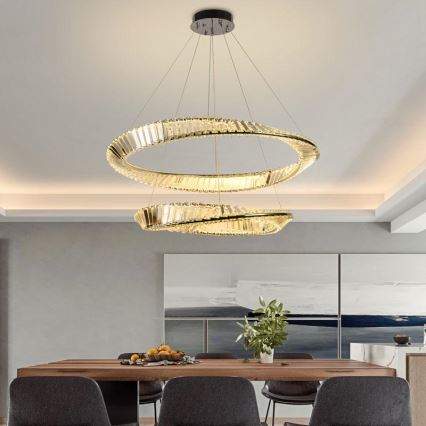 LED Dimbar kristallkronkrona på snöre LED/90W/230V 3000-6500K skinande krom + fjärrkontroll