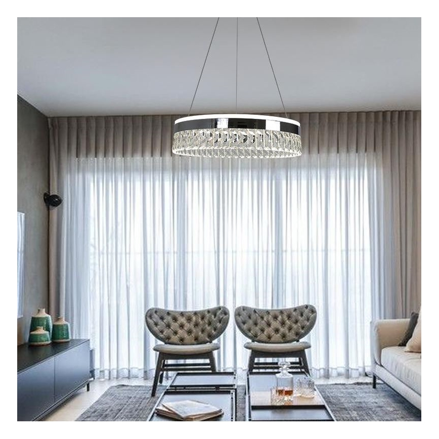 LED Dimbar kristallkronkrona på snöre LED/90W/230V 3000-6500K skinande krom + fjärrkontroll