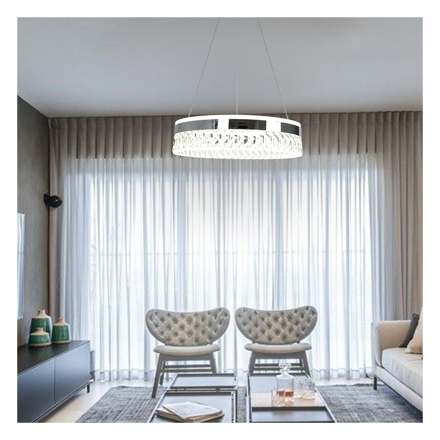 LED Dimbar kristallkronkrona på snöre LED/90W/230V 3000-6500K skinande krom + fjärrkontroll