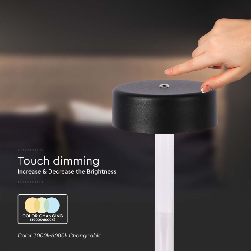 LED Dimbar uppladdningsbar touch bordslampa LED/3W/5V 3000-6000K 2400 mAh svart