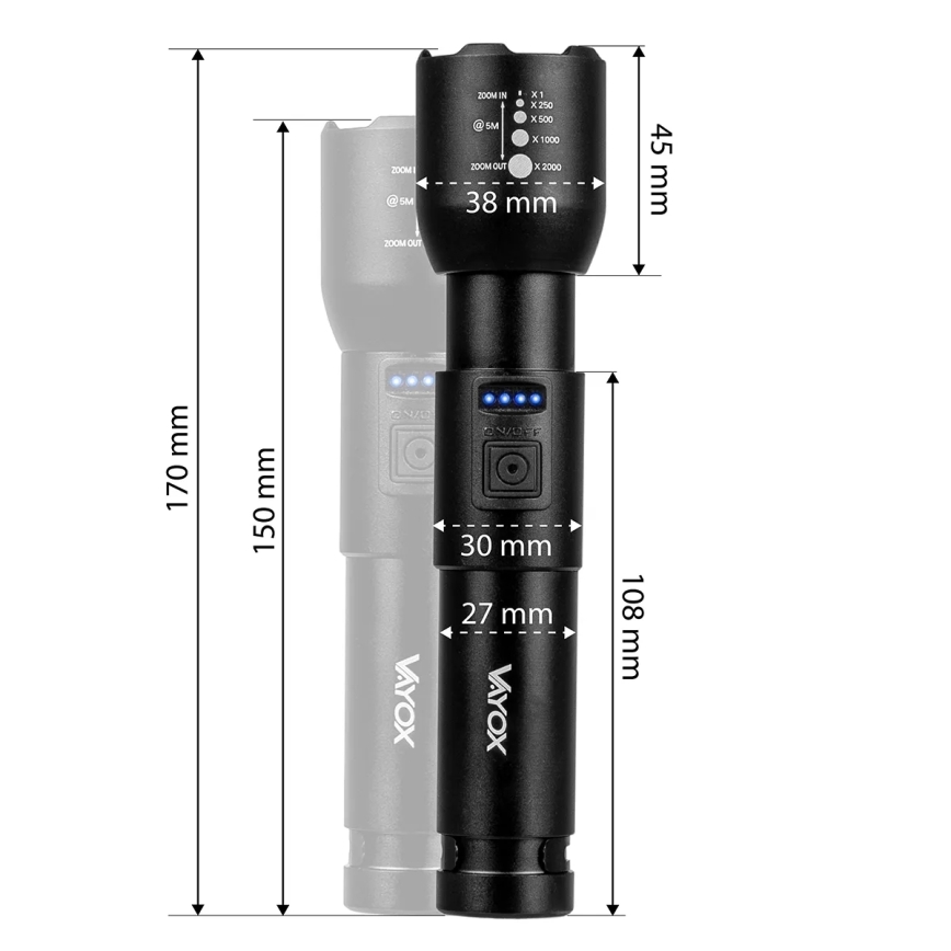 LED Ljusreglerad uppladdningsbar ficklampa LED/20W/5V IPX4 800 glansig 2000 mAh