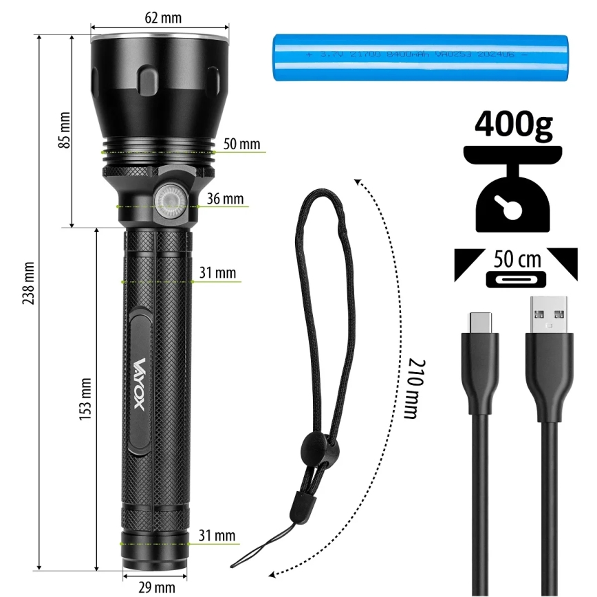 LED Ljusreglerad uppladdningsbar ficklampa LED/20W/5V IPX5 1570 glansig 8400 mAh