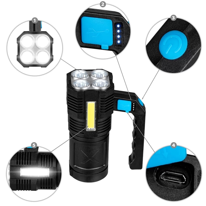 LED Ljusreglerad uppladdningsbar ficklampa LED/5V IPX4 250 glansig 1200 mAh