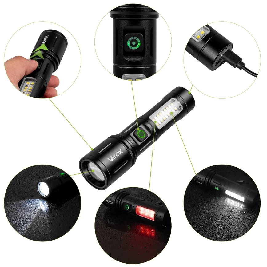 LED Ljusreglerad uppladdningsbar ficklampa med en rött ljus LED/5W/5V IPX4 260 glansig 2000 mAh