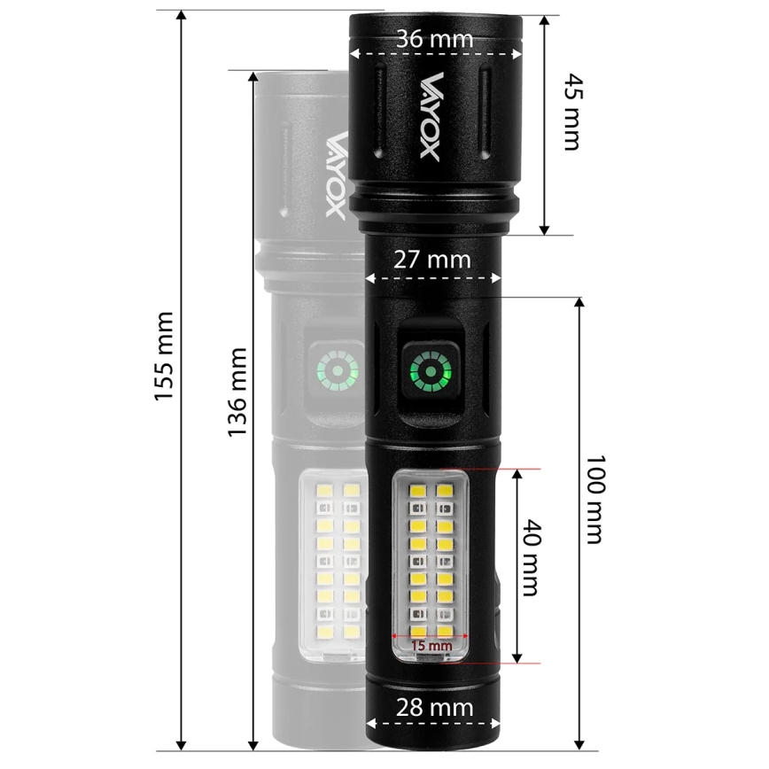 LED Ljusreglerad uppladdningsbar ficklampa med en rött ljus LED/5W/5V IPX4 260 glansig 2000 mAh