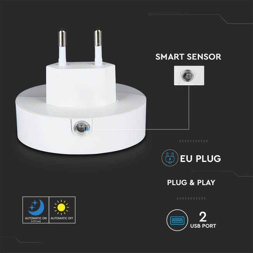 LED Nattlampa för uttag med skymningssensor 2xUSB LED/0,45W/230V 3000K