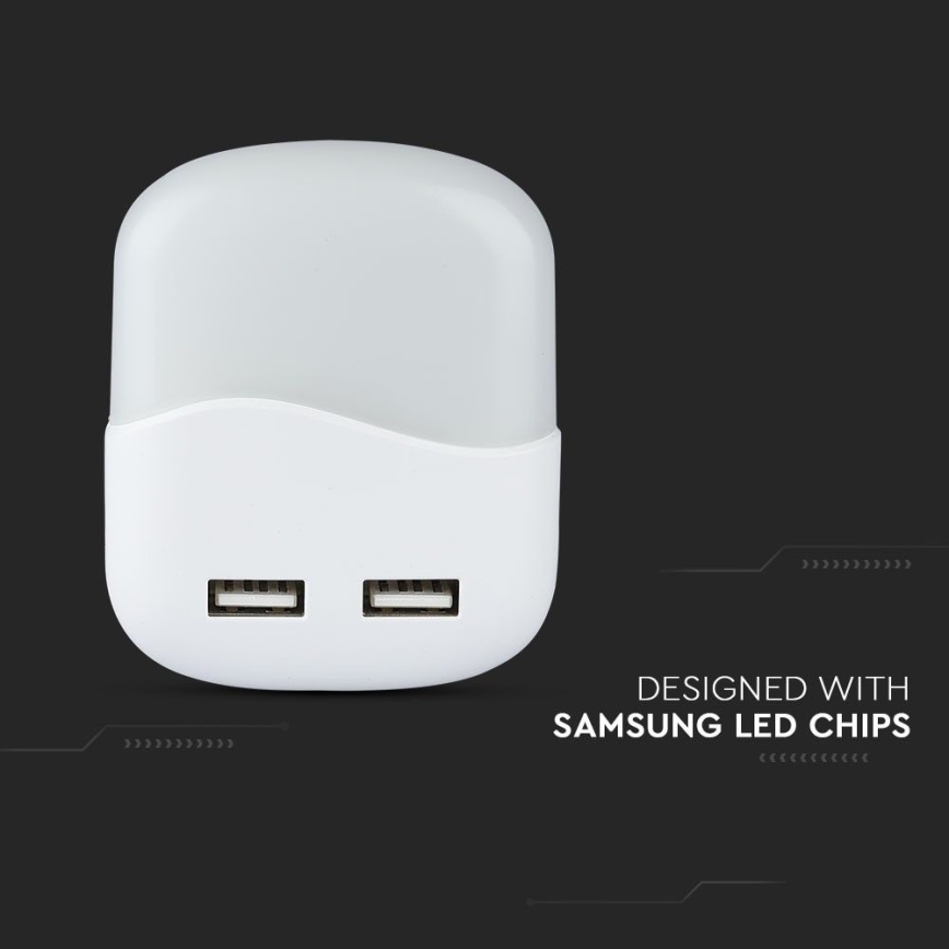 LED Nattlampa för uttag med skymningssensor 2xUSB LED/0,45W/230V 3000K