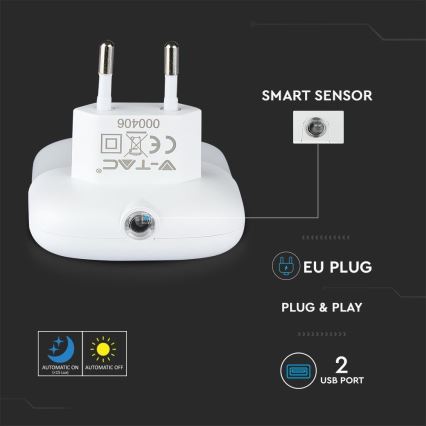 LED Nattlampa för uttag med skymningssensor 2xUSB LED/0,45W/230V 3000K