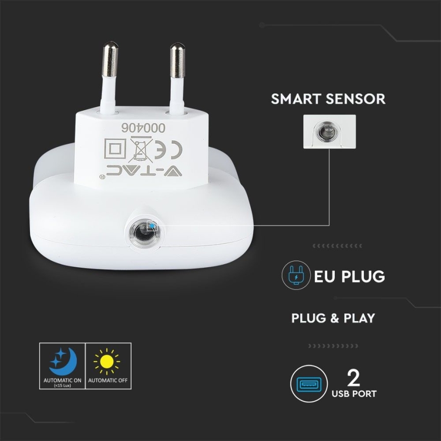 LED Nattlampa för uttag med skymningssensor 2xUSB LED/0,45W/230V 3000K