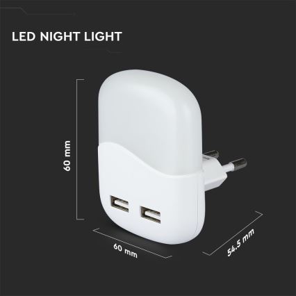 LED Nattlampa för uttag med skymningssensor 2xUSB LED/0,45W/230V 3000K