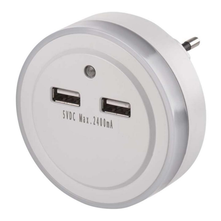 LED Nattlampa med en fotosensor för Uttag +2xUSB 3xLED/0,3W/230V