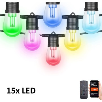 LED RGB+CCT Ljusreglerad utomhus kedja KRANS 15xLED/1W/230V 15m Wi-Fi Tuya IP65 + fjärrkontroll
