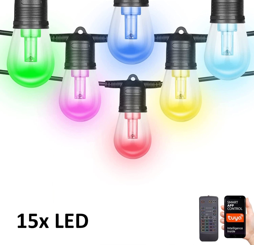 LED RGB+CCT Ljusreglerad utomhus kedja KRANS 15xLED/1W/230V 15m Wi-Fi Tuya IP65 + fjärrkontroll
