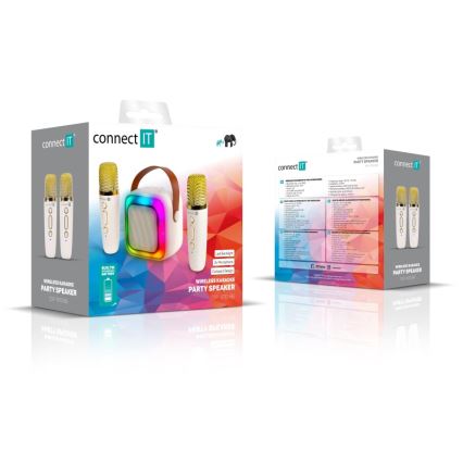 CONNECT IT CSP-1010-BG - RGB-LED-högtalare med 2 trådlösa mikrofoner (2Mic), 5 W/1200 mAh + 2x 400 mAh, krämvit/guld