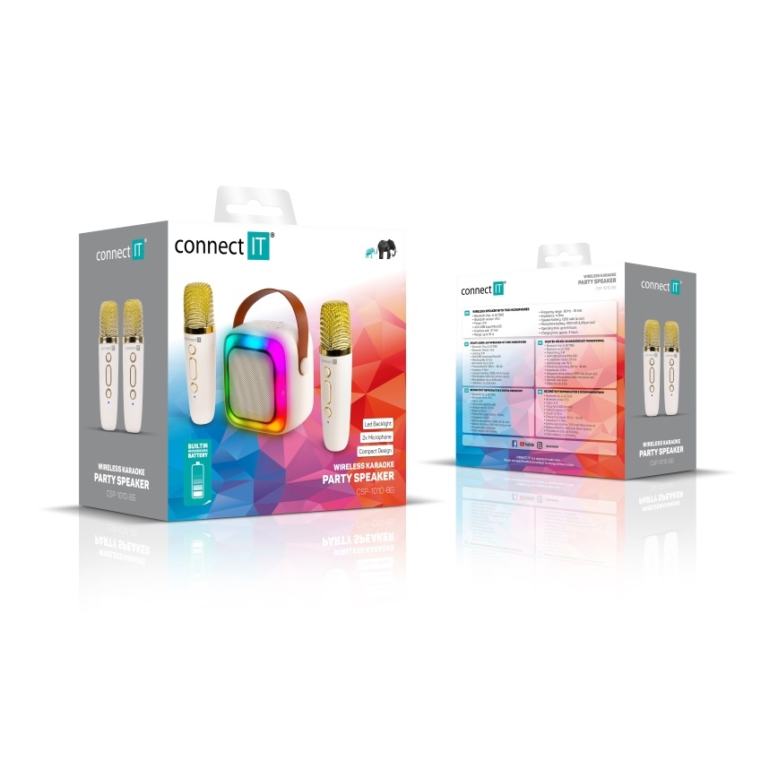 CONNECT IT CSP-1010-BG - RGB-LED-högtalare med 2 trådlösa mikrofoner (2Mic), 5 W/1200 mAh + 2x 400 mAh, krämvit/guld